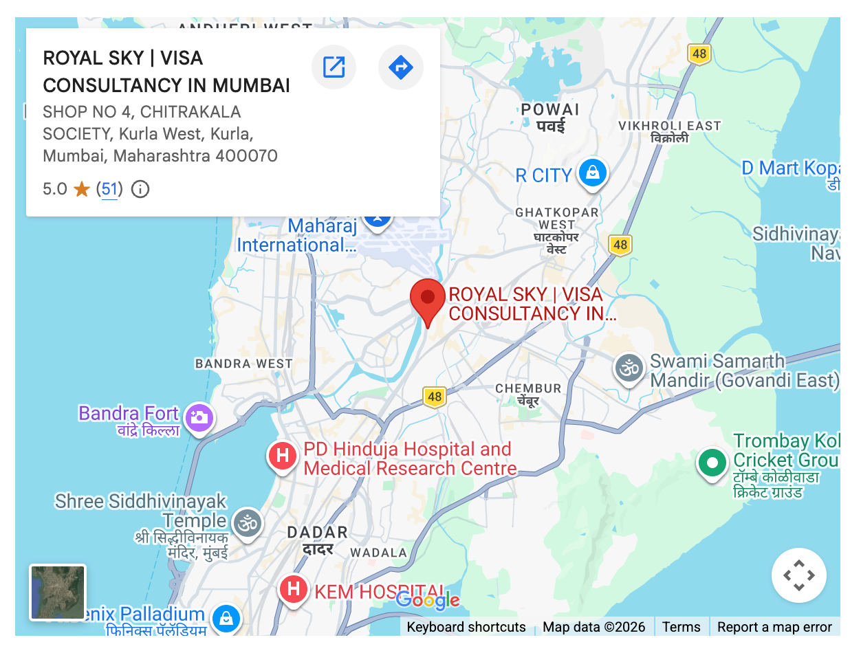 Royal Sky Visa Consultancy location on Google Maps, Kurla West, Mumbai, 5.0 rating with 51 reviews